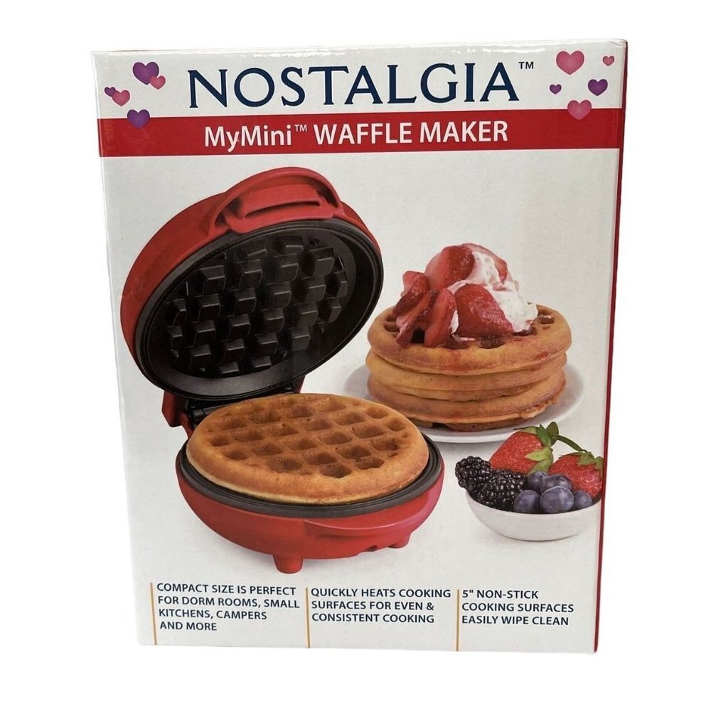 Nostalgia Red MyMini Waffle Maker Compact Size 5" Non-Sick New in Sealed Box (O)